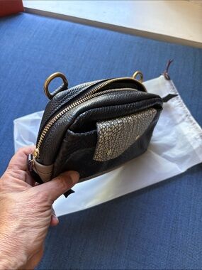 Black Textured Leather Crossbody with Gold Hardware